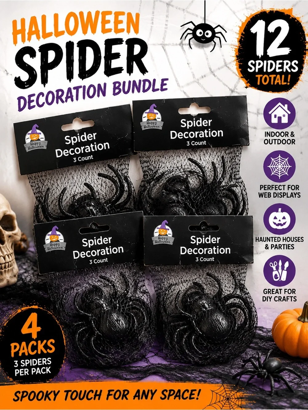 Halloween Black Spider Decoration Bundle 12 Count NWT